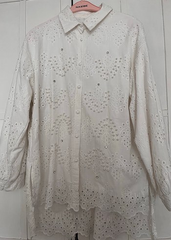 Beyaz Nakışlı Uzun Kollu Gömlek - Görsel 5