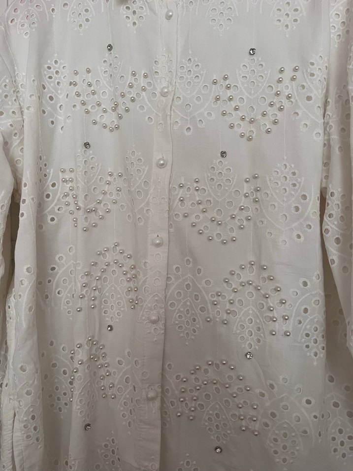 Beyaz Nakışlı Uzun Kollu Gömlek - Görsel 3