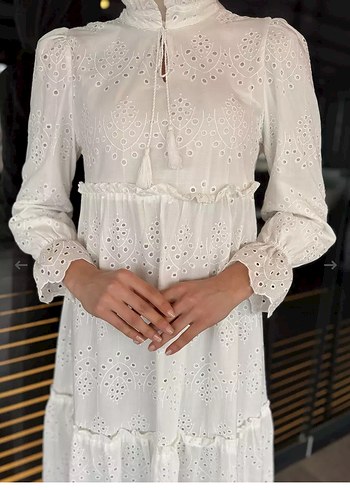 Kadın Beyaz Uzun Nakışlı Pamuklu Elbise - Görsel 6