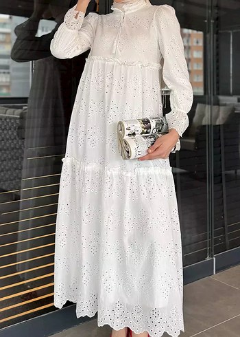 Kadın Beyaz Uzun Nakışlı Pamuklu Elbise - Görsel 5