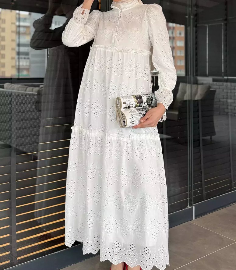 Kadın Beyaz Uzun Nakışlı Pamuklu Elbise - Görsel 5