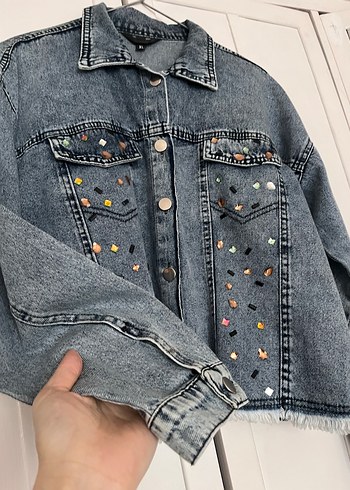 Nakışlı Gri Düğmeli Kadın Denim Ceket - Görsel 3
