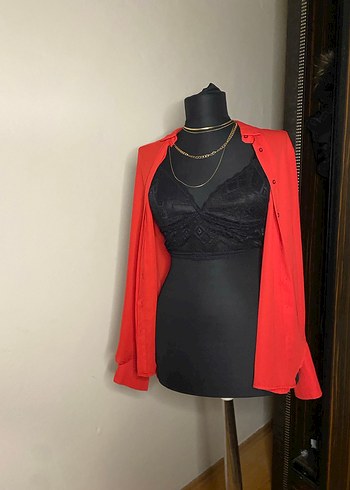 Asimetrik Drapeli Kırmızı Kadın Bluz - Görsel 5