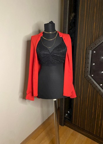 Asimetrik Drapeli Kırmızı Kadın Bluz - Görsel 6