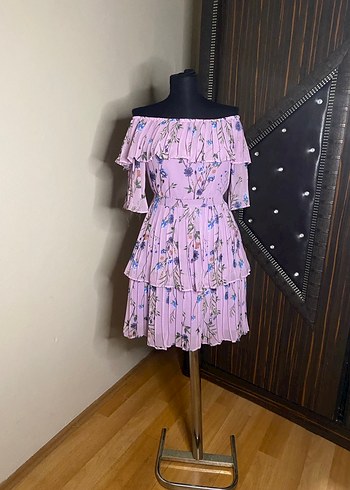 Mor Bohem Mini Elbise Fırfırlı - Görsel 4