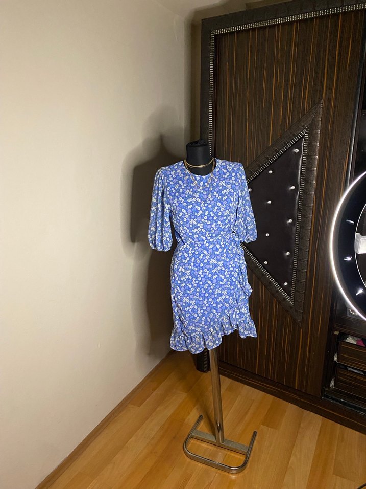 Mavi Mini Bohem Elbise Fırfırlı - Görsel 3