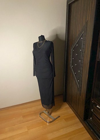 Kadın Siyah Uzun Drapeli Elbise - Görsel 3