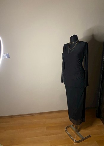 Kadın Siyah Uzun Drapeli Elbise - Görsel 4