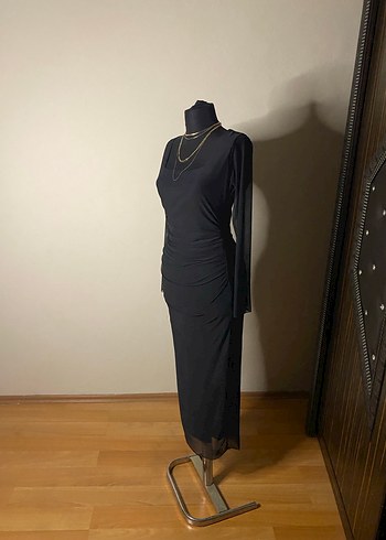 Kadın Siyah Uzun Drapeli Elbise - Görsel 2