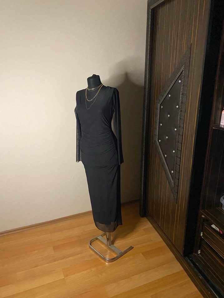 Kadın Siyah Uzun Drapeli Elbise - Görsel 3