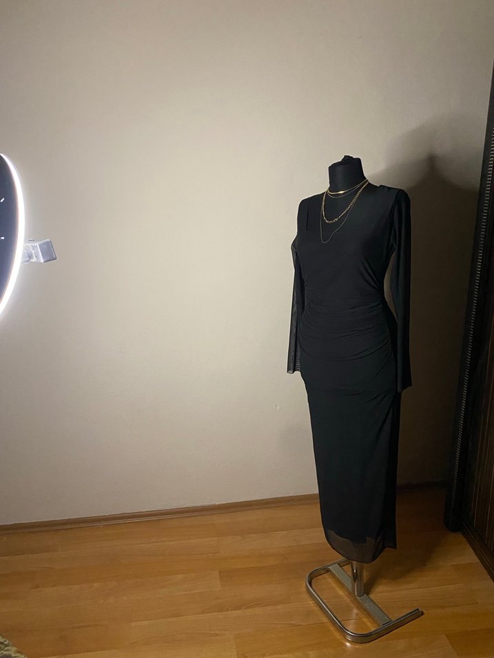 Kadın Siyah Uzun Drapeli Elbise - Görsel 4