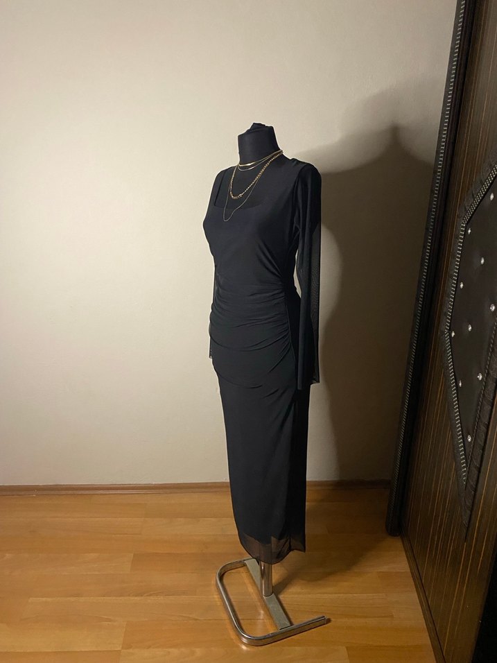 Kadın Siyah Uzun Drapeli Elbise - Görsel 2