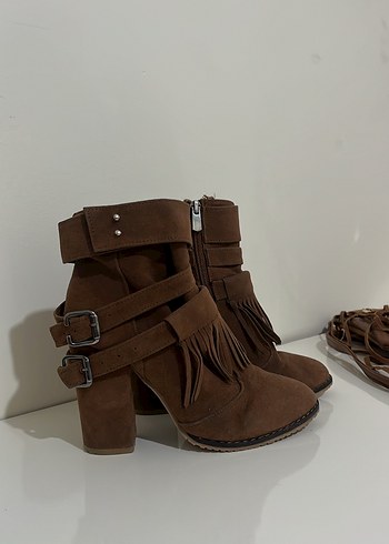 Kahverengi Süet Tokalı Bohem Kadın Bot ve çantası - Görsel 4