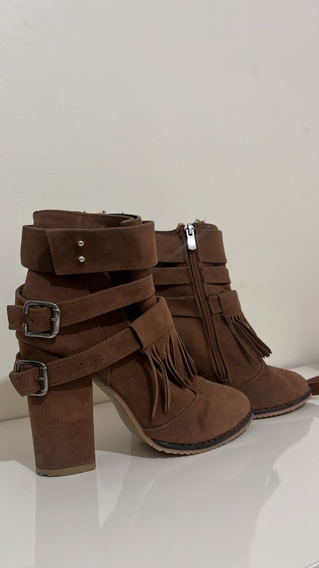 Kahverengi Süet Tokalı Bohem Kadın Bot ve çantası - Görsel 3