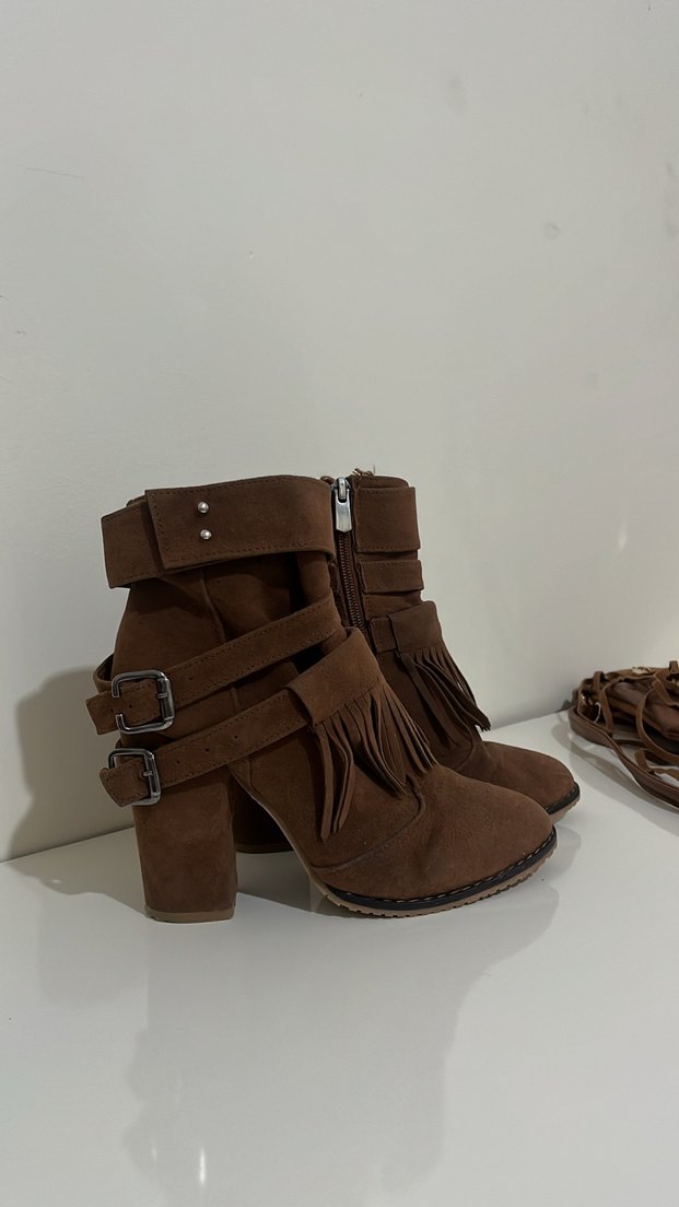 Kahverengi Süet Tokalı Bohem Kadın Bot ve çantası - Görsel 4