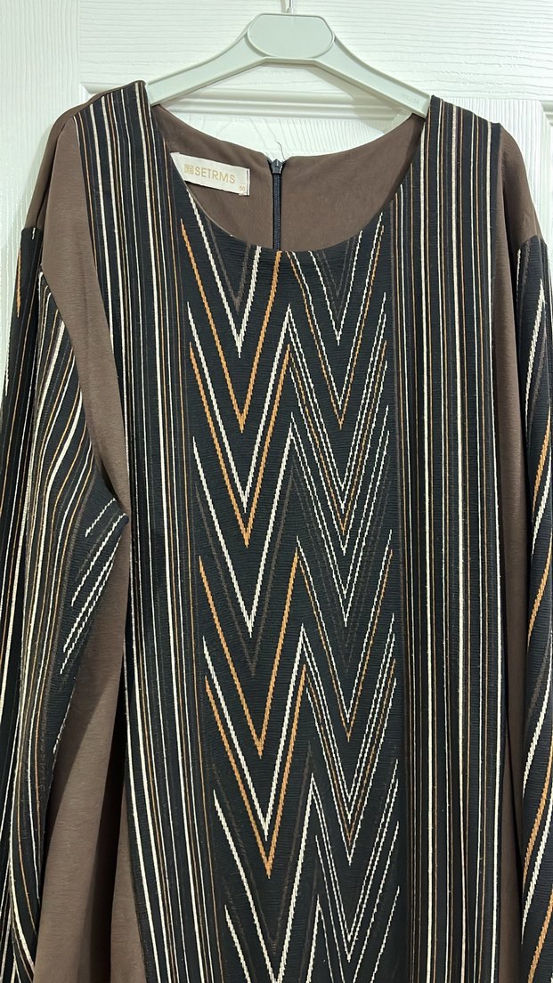 Drapeli V Yaka Uzun Kollu Kahverengi Kadın Elbise - Görsel 2