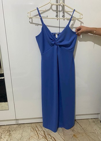 xs Beden H&M Mavi Drapeli V Yaka Uzun Elbise