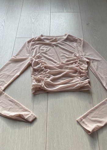 Bej Transparan Uzun Kollu Crop Top orijinal ürün - Görsel 3