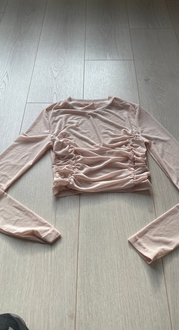 Bej Transparan Uzun Kollu Crop Top orijinal ürün - Görsel 3