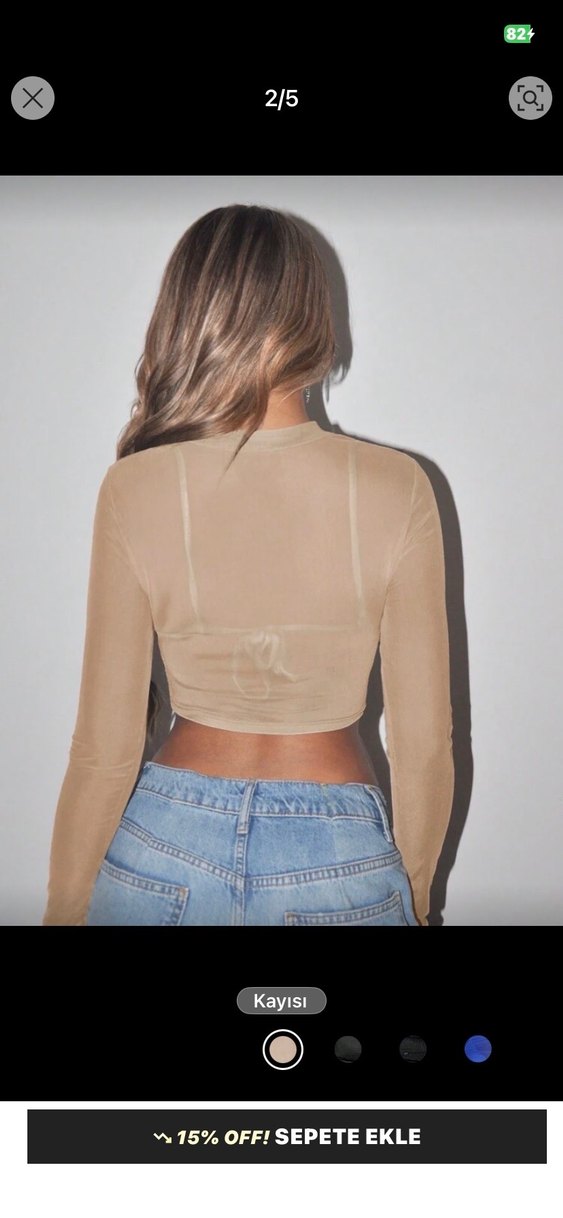 Bej Transparan Uzun Kollu Crop Top orijinal ürün - Görsel 2