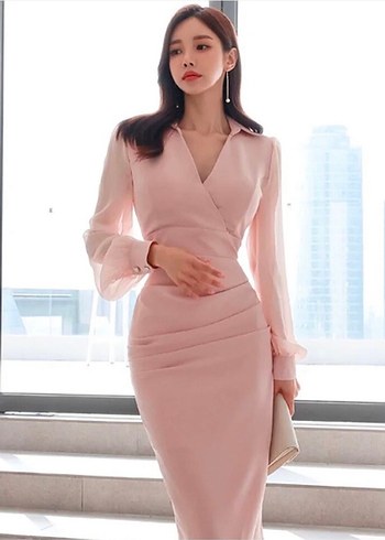Pembe Drapeli Uzun Kollu V Yakalı Kalem Elbise