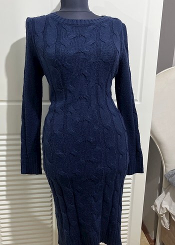 Koyu Lacivert Uzun Kollu Triko Kadın Elbise - Görsel 8