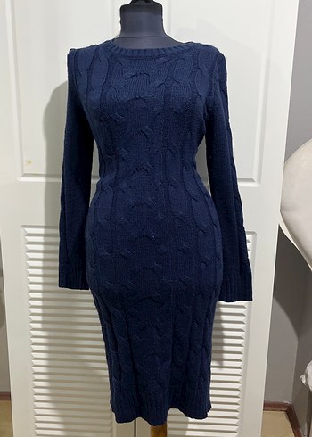 Koyu Lacivert Uzun Kollu Triko Kadın Elbise - Görsel 2