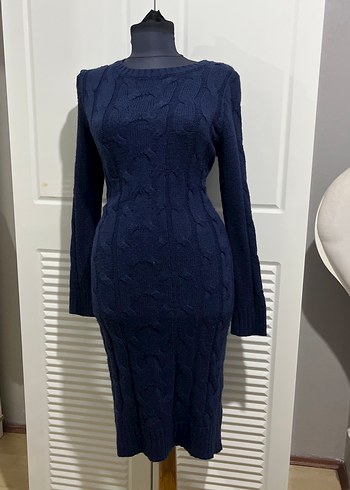 Koyu Lacivert Uzun Kollu Triko Kadın Elbise - Görsel 7