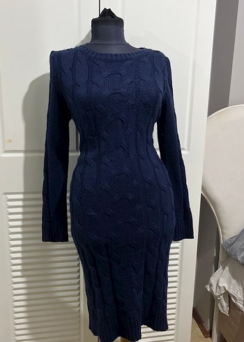 Koyu Lacivert Uzun Kollu Triko Kadın Elbise - Görsel 4