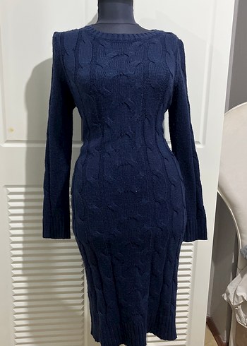 Koyu Lacivert Uzun Kollu Triko Kadın Elbise - Görsel 3
