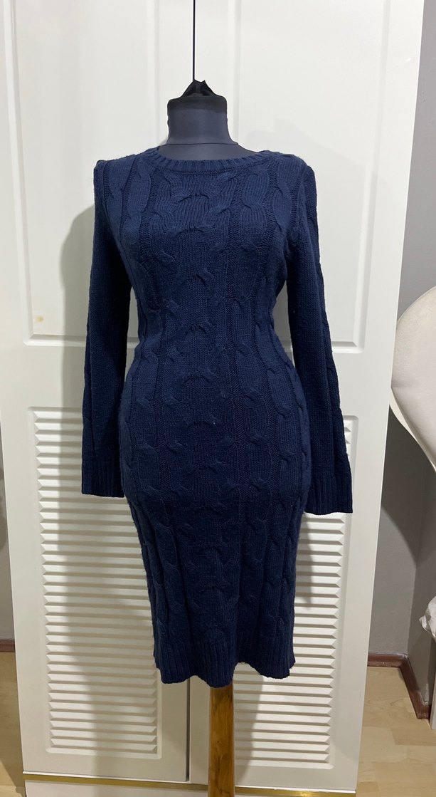 Koyu Lacivert Uzun Kollu Triko Kadın Elbise - Görsel 2