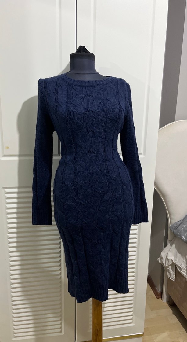 Koyu Lacivert Uzun Kollu Triko Kadın Elbise - Görsel 4