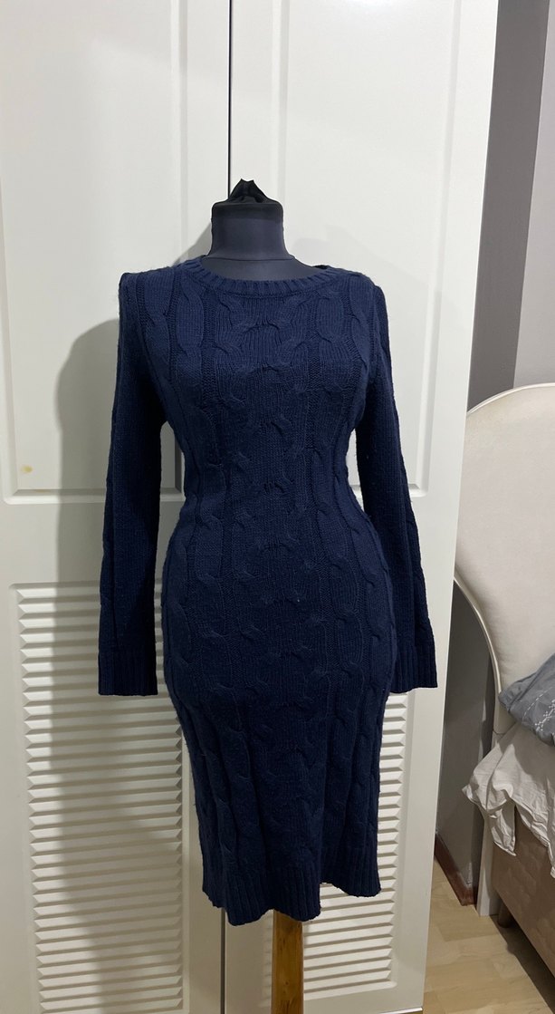 Koyu Lacivert Uzun Kollu Triko Kadın Elbise - Görsel 5