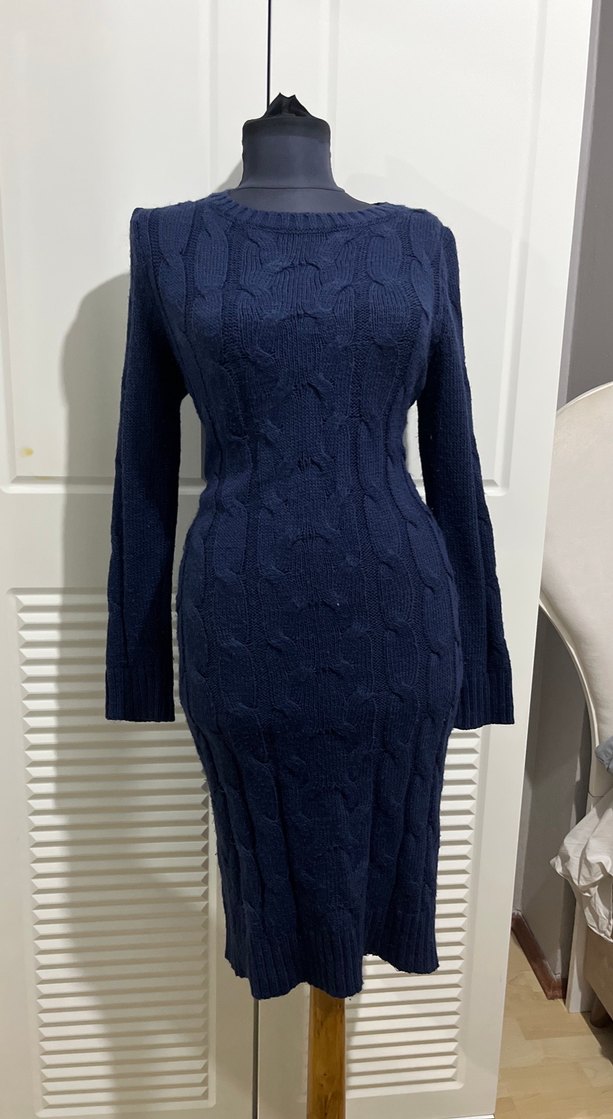 Koyu Lacivert Uzun Kollu Triko Kadın Elbise - Görsel 3