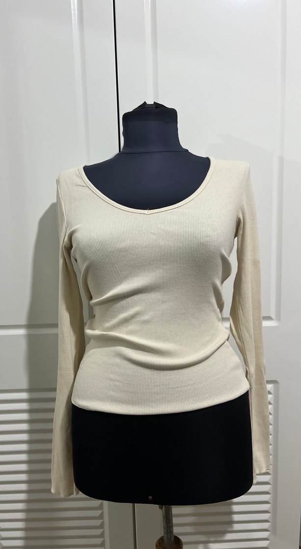 Bej V Yaka Uzun Kollu Kadın Triko - Görsel 5