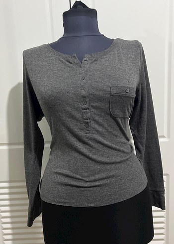 Gri Düğmeli Uzun Kollu Kadın Vintage Bluz - Görsel 5