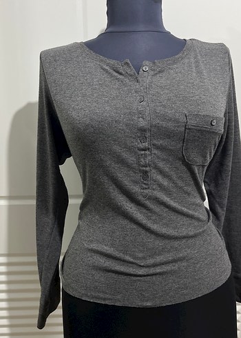 Gri Düğmeli Uzun Kollu Kadın Vintage Bluz - Görsel 4