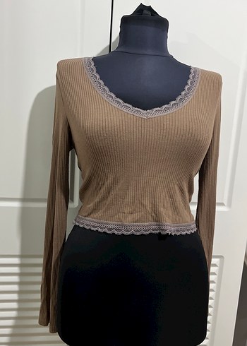Dantel Detaylı V Yaka Bej Vintage Kadın Bluz - Görsel 2