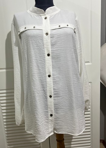 Düğmeli Beyaz Keten Kadın Gömlek - Görsel 5