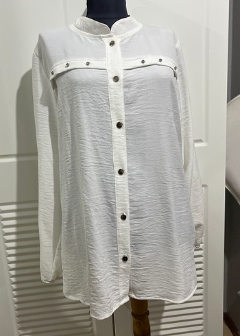 Düğmeli Beyaz Keten Kadın Gömlek - Görsel 6