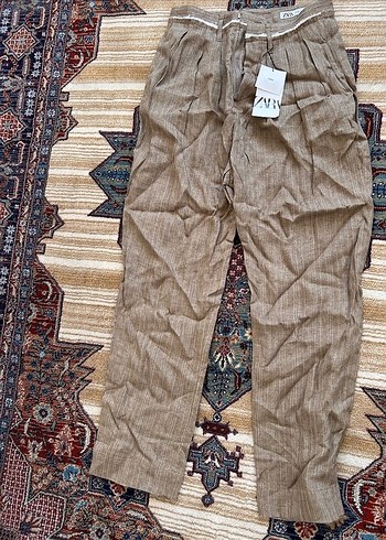 Kadın Kahverengi Keten Pilili Pantolon