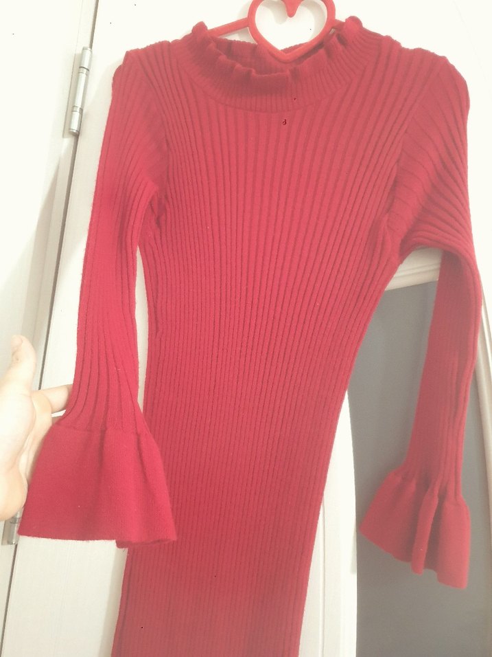 Uzun Kollu Kırmızı Triko Elbise - Görsel 3