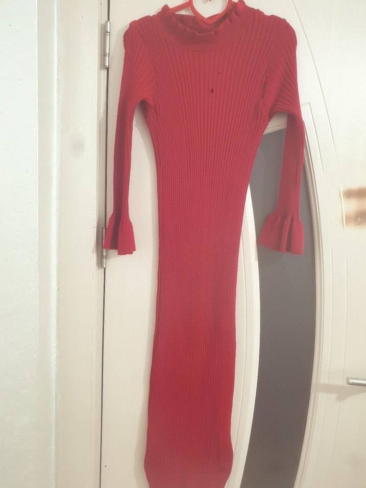 Uzun Kollu Kırmızı Triko Elbise - Görsel 2