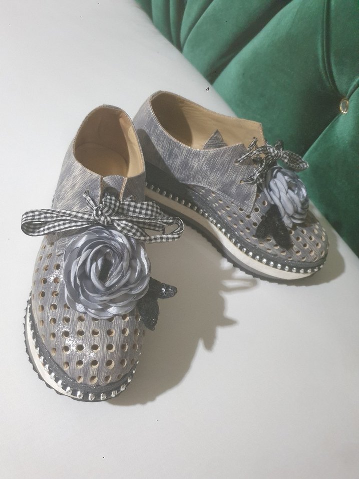 Gri Nakışlı Fırfırlı Platform Topuklu Espadril - Görsel 4