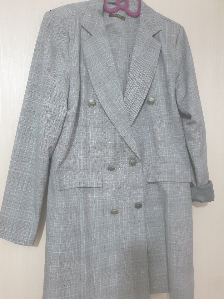 Gri Uzun Kesim Kadın Blazer Ceket Takım - Görsel 2