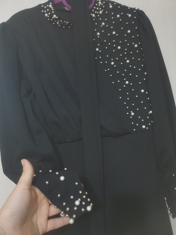 Boncuk İşlemeli Siyah Uzun Abiye Elbise - Görsel 2