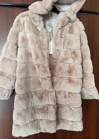 Bej Kapüşonlu Kadın Midi Suni Kürk - Görsel 2