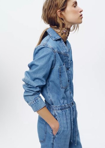 s Beden Zara Kadın Lacivert Midi Denim Tulum