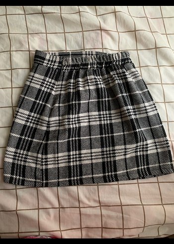 Bershka Gri Ekose Pileli Mini Etek