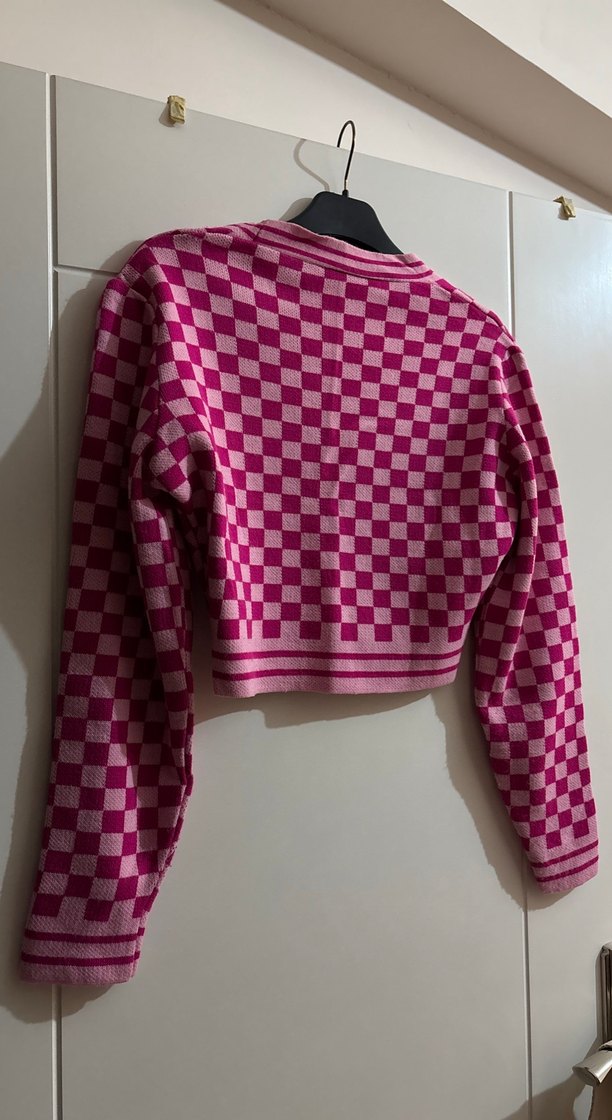 Pembe Kareli V Yaka Triko Hırka - Görsel 3